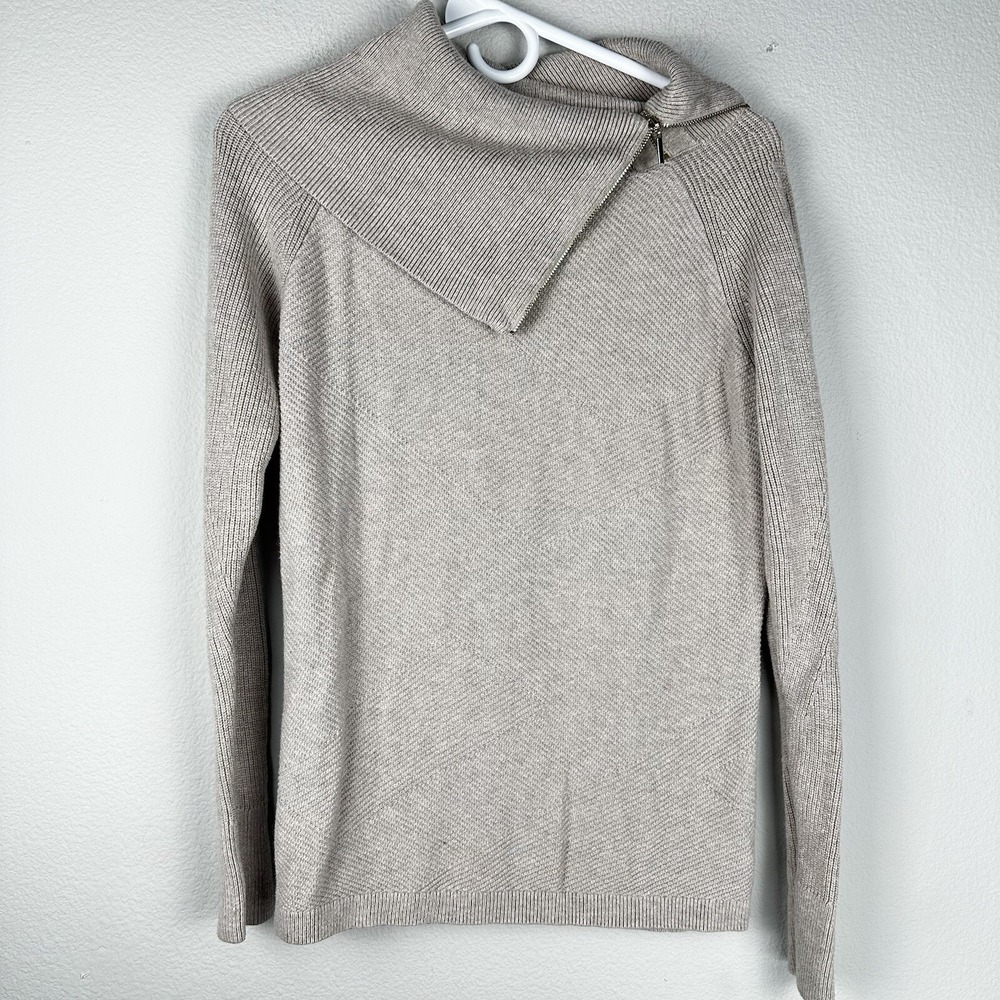 White House Black Market Tan Ribbed Zip Cowl Neck Sweater M‎ Cashmere Blend WHBM